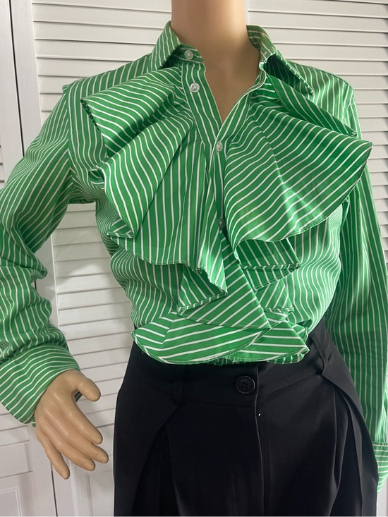 Ralph Lauren Tops - Ralph Lauren Green and White Striped Ruffle Button-Down Shirt